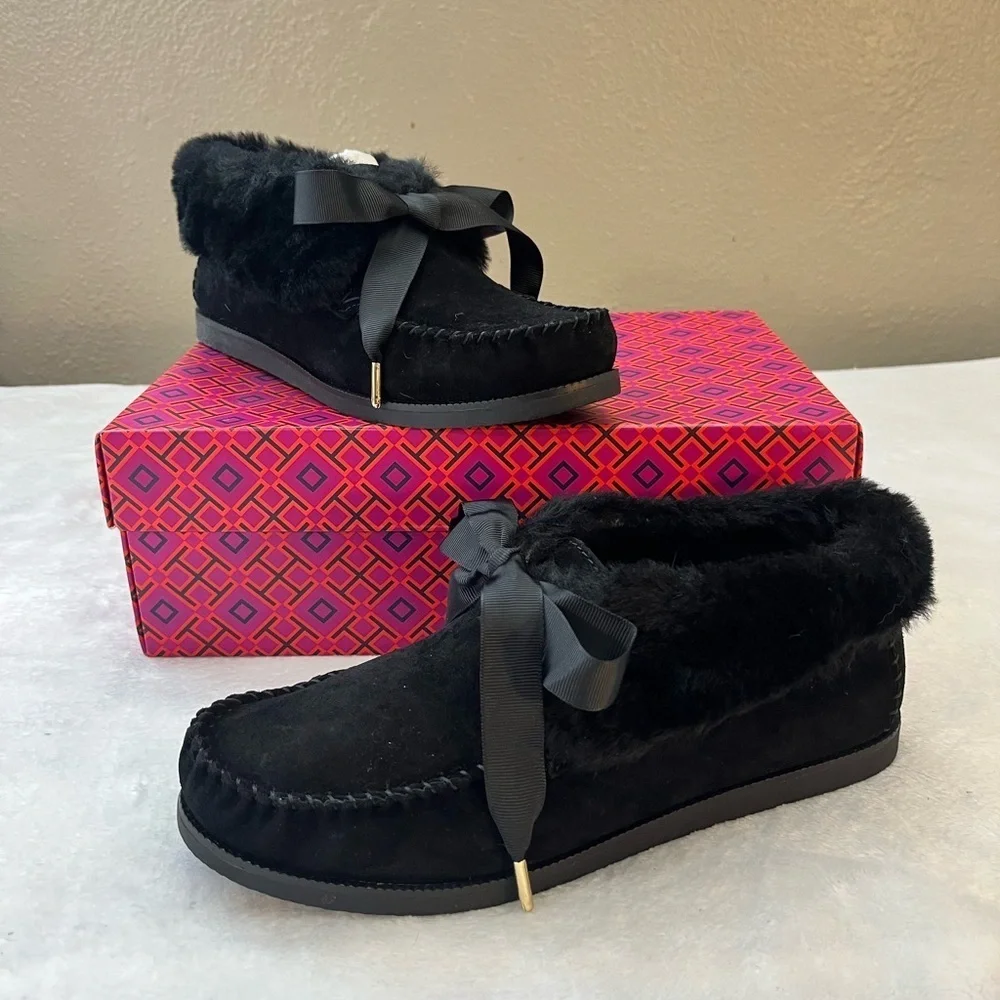 Tory Burch Aberdeen Shearling Slippers Black Suede Bow NIB Size 8